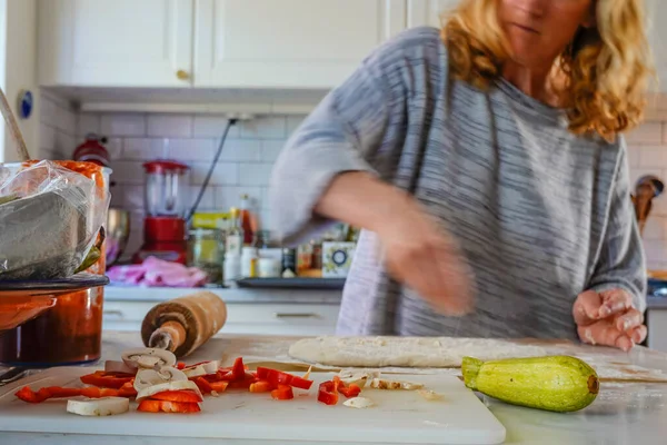 Woman Rolls Dough Make Home Made Pizza — Stock Photo, Image