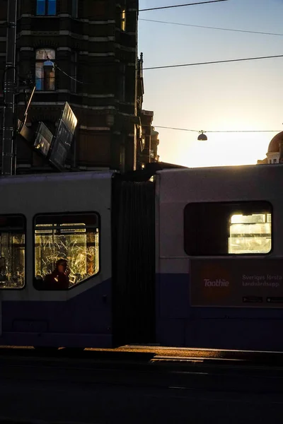 Göteborg Zweden Een Tram Vasaplatsen Eraly Ochtend Silhouet — Stockfoto