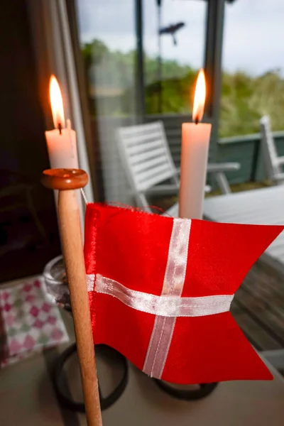 Hirtshals Dänemark Eine Dänische Flagge Auf Einem Esstisch Mit Kerzen — Stockfoto