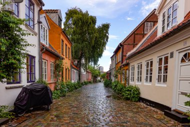 Aarhus, Danimarka Küçük renkli evleri olan tuhaf Mollestien sokağı.