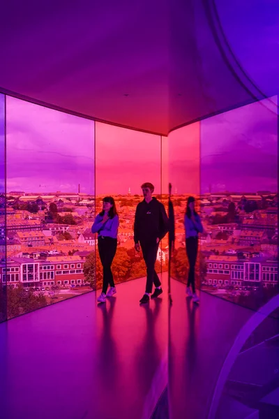 Aarhus Denmark Visitors Aros Art Museum Downtown Rainbow Panorama Exhibit — Stock Photo, Image
