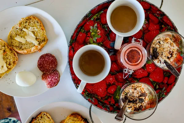 Estocolmo Suécia Café Manhã Para Dois Servido Uma Bandeja — Fotografia de Stock