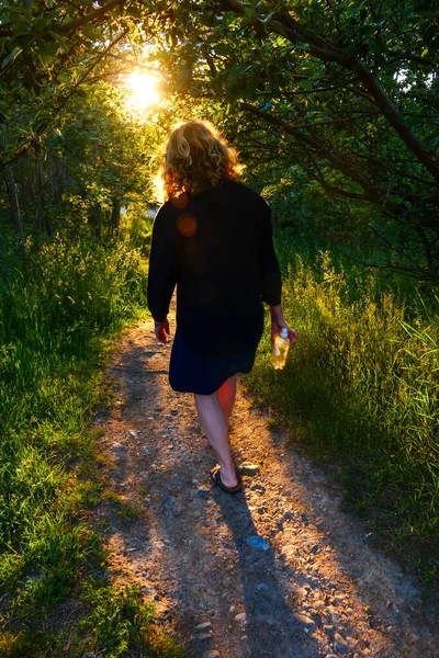 Stockholm, İsveç Bir kadın gün batımında güzel aydınlatılmış bir yolda yürüyor.