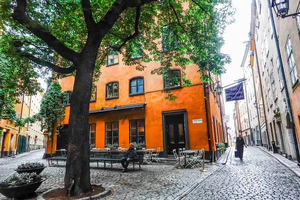 Stockholm Sweden Pedestrians Old Town Gamla Stan Famous Chestnut Tree — Stock Photo, Image