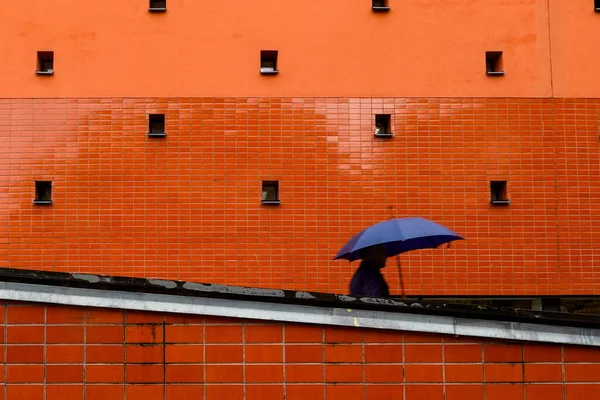 Stockholm Suède Homme Avec Parapluie Marche Près Mur Eriksdalsbadet Une — Photo