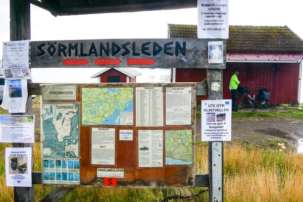 Sater Sweden Sign Sormlandsleden Walking Trail Bicyclist — Stock Photo, Image