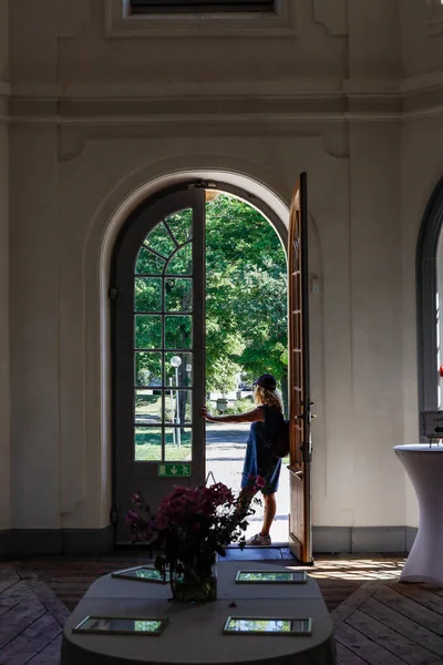 Stockholm Sweden Woman Stands Main Entrance Rococco Inspired Svartsjo Castle — стоковое фото