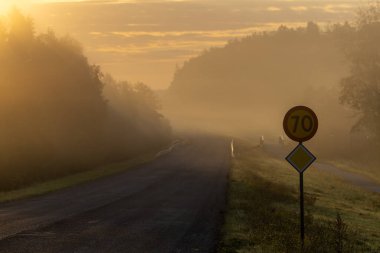 Mariefred, İsveç Sisli bir şafak manzarası ve yol.