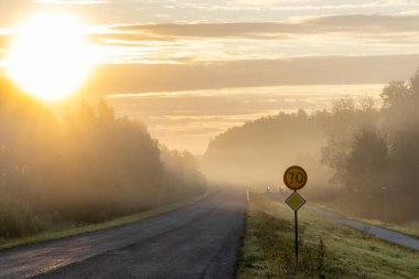 Mariefred, İsveç Sisli bir şafak manzarası ve yol.