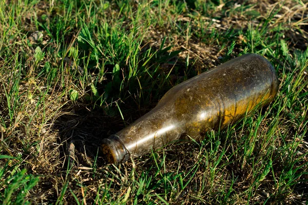 Garbage in nature, glass bottle lying on the floor. Environmental pollution.
