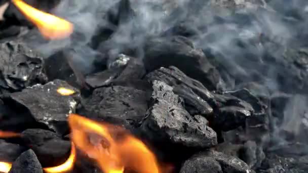 Bin Mangal Için Kömür Ateşi Duman Alevler Izgarada Sıcak Kömür — Stok video
