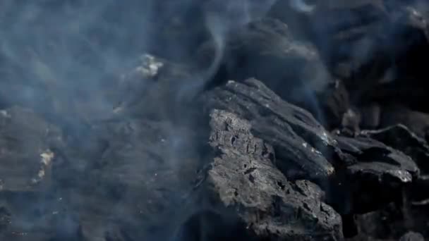 Primer Plano Quema Carbón Humo Llamas Carbón Caliente Llama Parrilla — Vídeos de Stock
