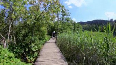 Plitvice Gölleri, Hırvatistan-20 Temmuz 2018: 4K. Hırvatistan 'da güzel bir yer olan Plitvice Gölleri Ulusal Parkı' nda iki turist yürüyor. Plitvice Gölleri en popüler turistik merkezdir.