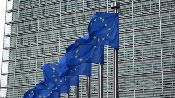 Banderas Unión Europea Fila Ondeando Viento Frente Comisión Europea Edificio — Vídeos de Stock