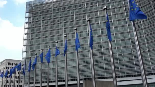 2018年7月4日 ベルギーのブリュッセル市中心部にあるベルラーモンの建物 欧州委員会の前で風に揺れる列の欧州連合旗 — ストック動画