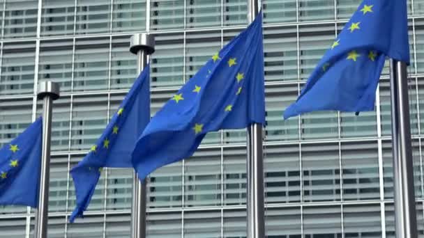 Flaggen Der Europäischen Union Wehen Wind Vor Der Europäischen Kommission — Stockvideo