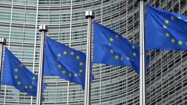 Banderas Unión Europea Fila Ondeando Viento Frente Comisión Europea Edificio — Vídeos de Stock