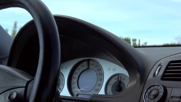 Driving Car Freeway Hand Steering Wheel Car Close Car Speedometer — Stock Video
