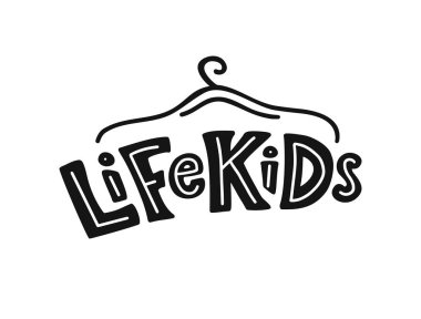 Beyaz arka plan üzerinde Life Kids harfleri ile el çizilmiş askı. Vektör çizimi