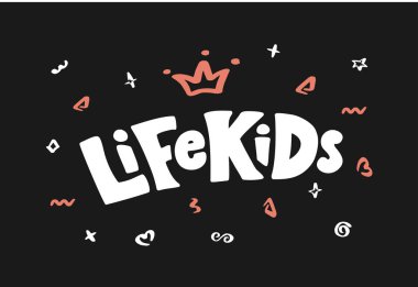 Karalamalarla siyah arka plan üzerine Life Kids harfleri elle çizilmiş. Vektör çizimi