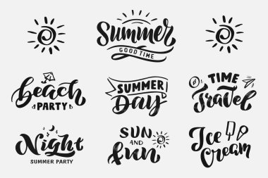 Beyaz arka plan üzerinde Yaz el yazısı fırça kaligrafik yazı kompozisyonu kümesi. Vektör çizimi