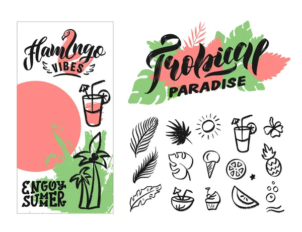 Hand Drawn Vector Lettering Tropical Paradise Party Vector Illustration — Stock Vector