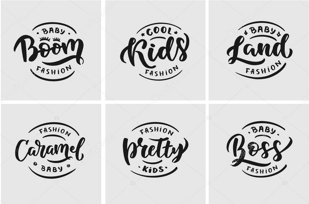 Minimalistic kid shop logos with lettering on light grey background 