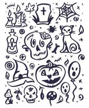 Cadılar Bayramı şenlikli dekorasyon, çıkartmapaketi. Davet veya tebrik kartı için parti kaligrafisi. Vektör çizimi