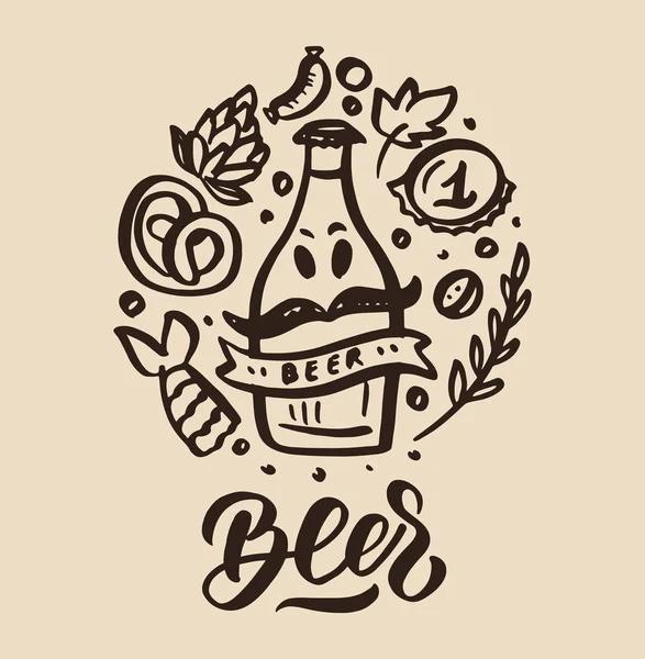 Palabra Cerveza Con Botella Para Logo Póster Plantilla Postal Banner — Vector de stock