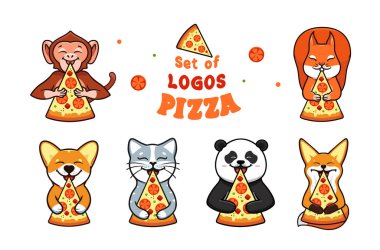 Komik maymun, köpek korgisi, kedi, panda, tilki, sincap pizza ve logo yer. Karakterler, yemek logosu, rozetler, çıkartmalar, amblemler. Vektör illüstrasyonu, düz çizgi sanat tarzı, yaratıcı tasarım