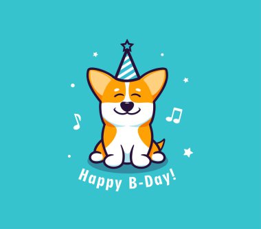 Köpekli Mutlu Yıllar logosu. Komik Corgi ve harf cümleli logotype.