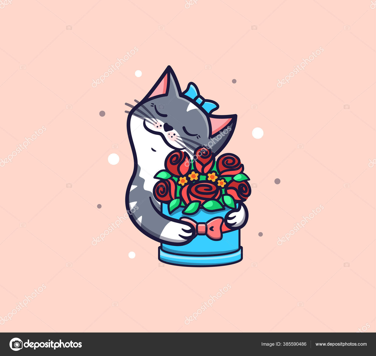 꽃달린 고양이. 루고 타입 생일 축하 해 재밌는 만화 키티 스톡 벡터 - ©Lettering_Logo 385590486, image size:1600x1515