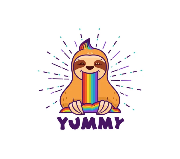 The composition Sloth with rainbow food and rays. Funny cartoon character for posters, t-shirt design — Stock Vector