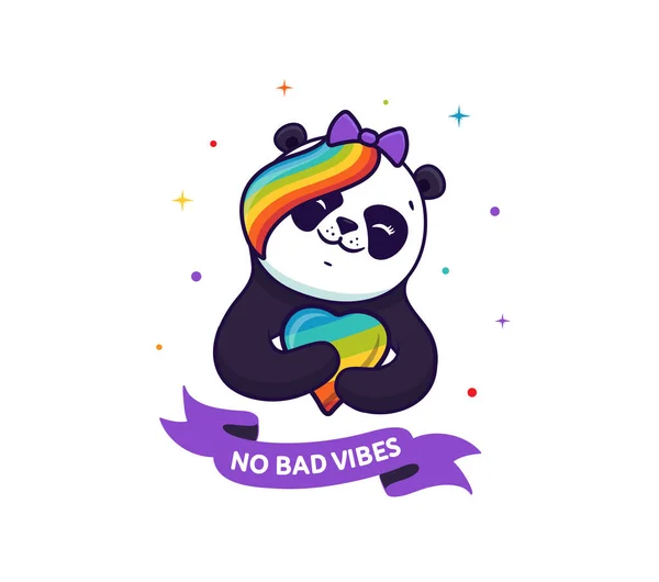 La composición Panda con peinado de arco iris abraza un corazón multicolor, con texto - No hay malas vibraciones . — Archivo Imágenes Vectoriales
