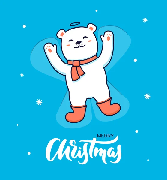 Hermosa Tarjeta Navidad Oso Polar Bufanda Botas Haciendo Ángel Nieve — Vector de stock