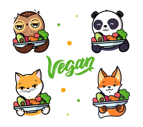 Set Animals Holding Plate Veggies Vegetarian Food Advertising Funny Characters — Stock Vector