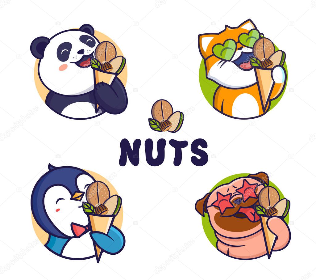 The funny set of animals enjoying a trail mix pack. Illustration for advertising nuts and dried fruits. Cartoon characters for logotypes, posters, cards, flyers etc. Vector with lettering on white background