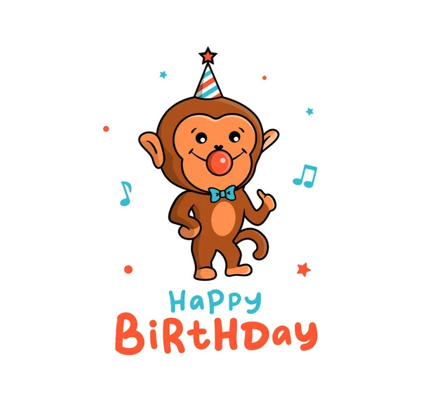 Η όμορφη κάρτα μιας μαϊμούς στις διακοπές. Ένας αστείος χαρακτήρας κινουμένων σχεδίων που χρησιμοποιείται για χαρούμενα γενέθλια — Διανυσματικό Αρχείο