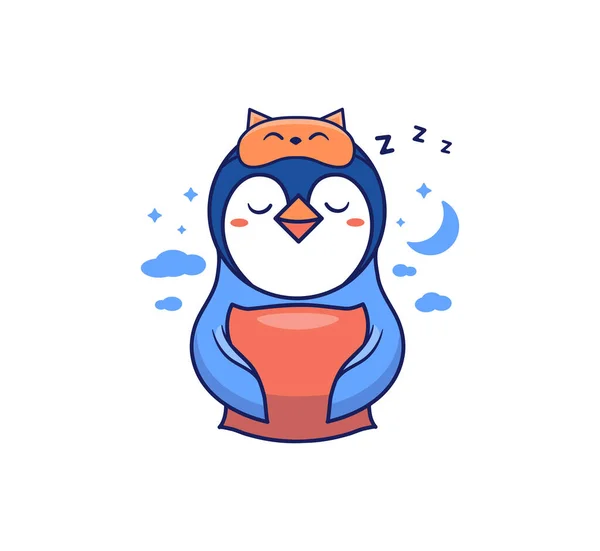 La princesita con una máscara para dormir sosteniendo una almohada por la noche. Un divertido pingüino de dibujos animados — Archivo Imágenes Vectoriales