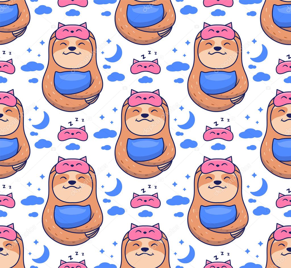 The seamless pattern of sloths dreaming with sleep masks.