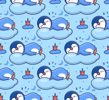 Bulutların üzerinde uyuyan kusursuz penguen deseni. Komik tasarım.