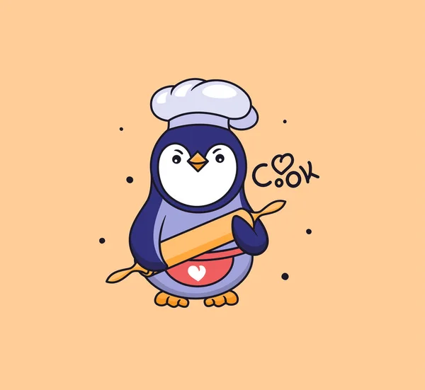 Un petit pingouin dans une casquette et un tablier tient un rocking chair pour la pâte. Cuisine caricaturale — Image vectorielle