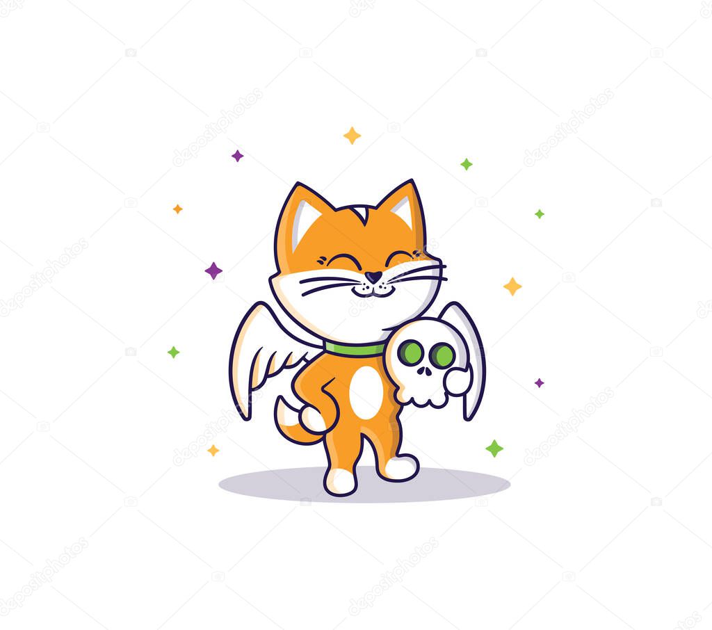 The orange angel-cat holding a skull. Vector Halloween illustration on white background with colorful stars.