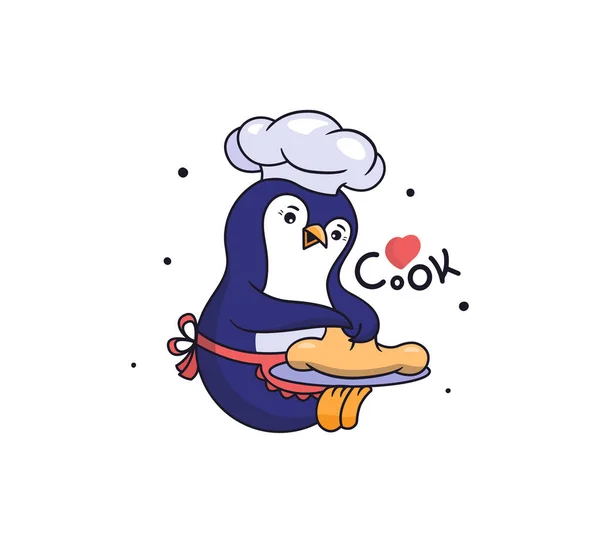 De pinguïn bereidt voedsel, kneedt deeg. Cartoonse kok — Stockvector