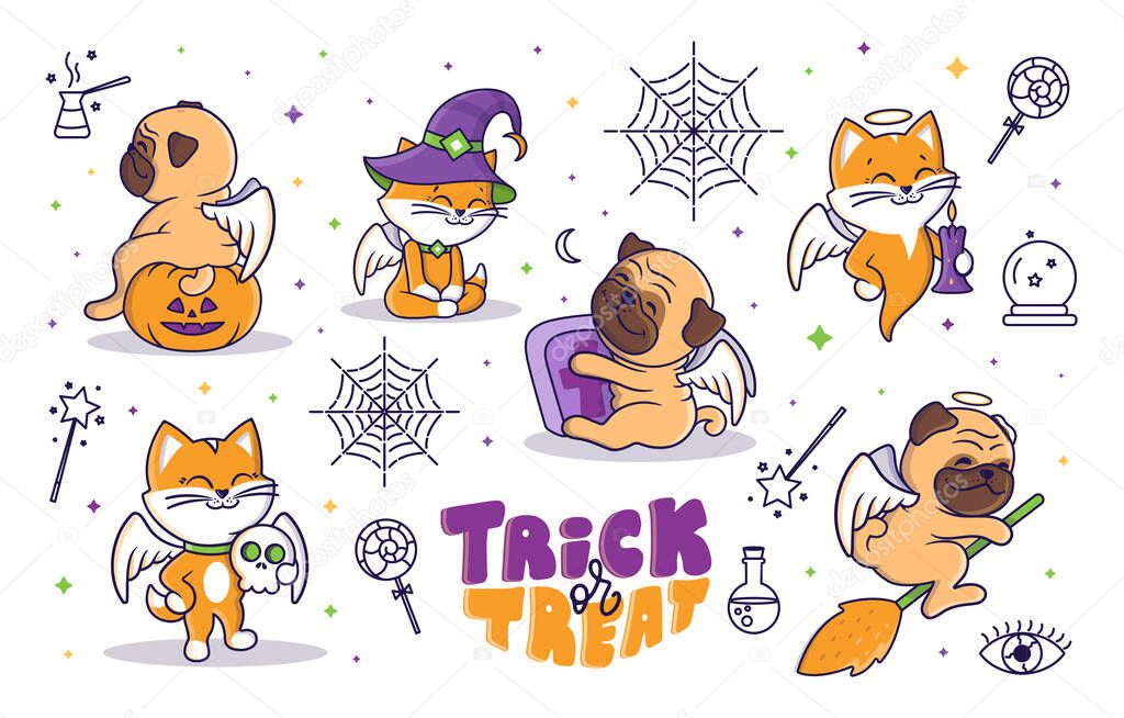 Set of vector Halloween illustration cartoons with linear icons and Trick or Treat lettering. The baby characters with stars at night. Angel animals for posters , parties, designs, stickers, holiday