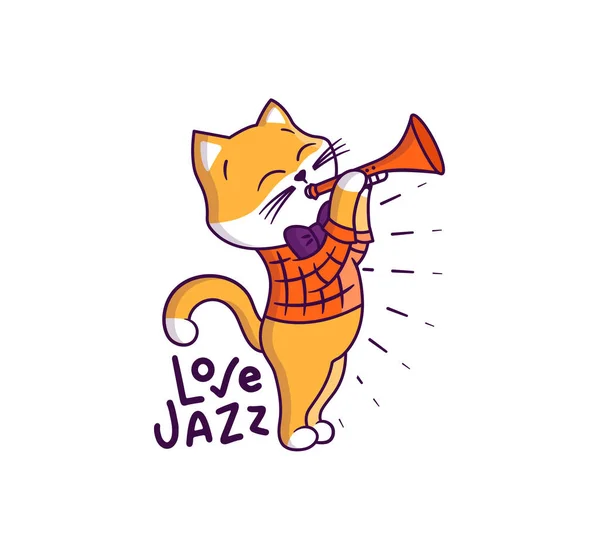 El lindo gato bebé en estilo retro. Dibujos animados de animales en una camisa con pajarita, tocando jazz. — Vector de stock