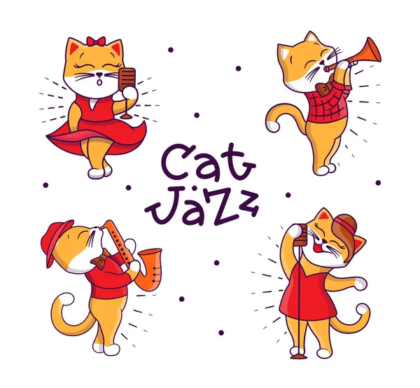 Conjunto de divertida familia Retro. Gatos de dibujos animados tocando jazz — Vector de stock