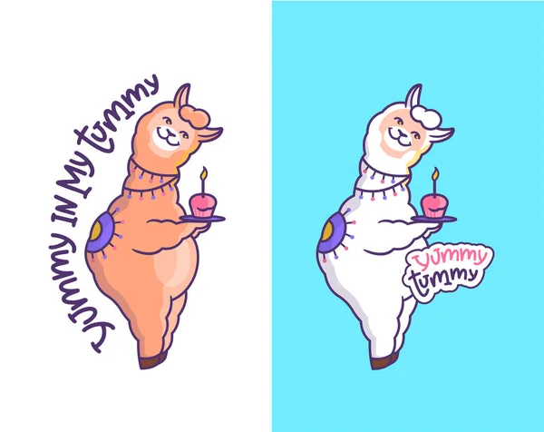 As lhamas alpacas estão com cupcakes. Personagens dos desenhos animados —  Vetores de Stock