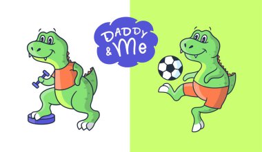 Bu renkli vektör çizimleri. Spor tarzında karikatürist çocuk dinozorlar. Collection Daddy ve ben aile görünüşü, tişört tasarımları, çıkartmalar vs. için iyiyiz.. 