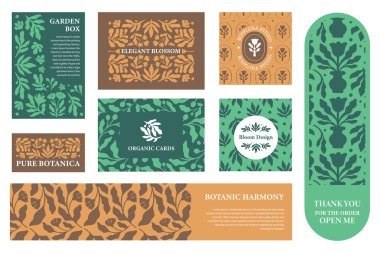 Botanik marka tasarım kiti. Bir vektör illüstrasyonunda el çizimi desenler, dekoratif düzenler, posterler, kartlar ve sosyal medya şablonları